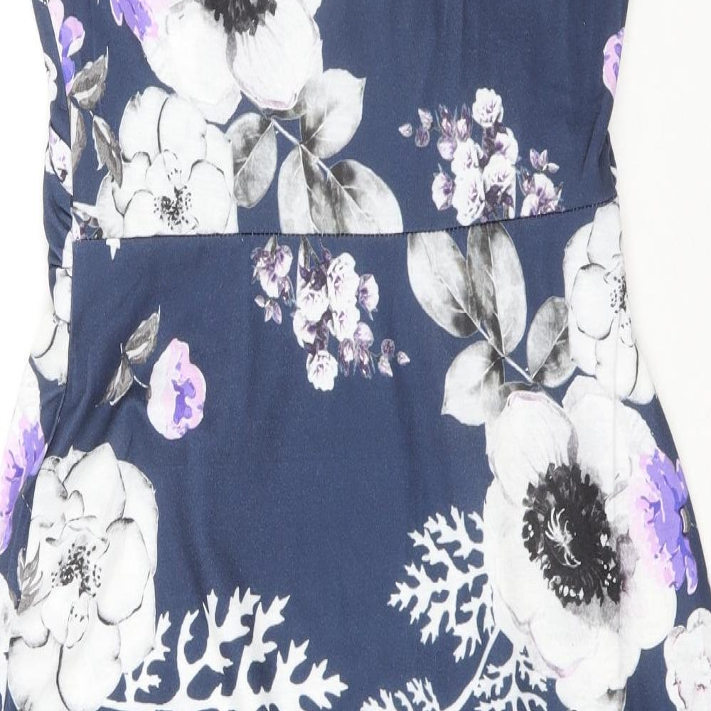 Want That Trend Womens Blue Floral Cotton Pencil Dress Size 12 Round Neck Pullover - Bow detail