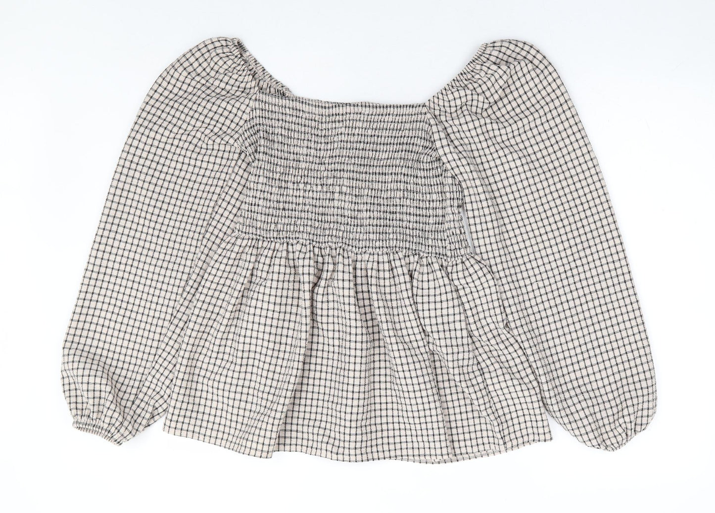 F&F Womens Beige Check Polyester Basic Blouse Size 10 Off the Shoulder - Shirred Bust Peplum