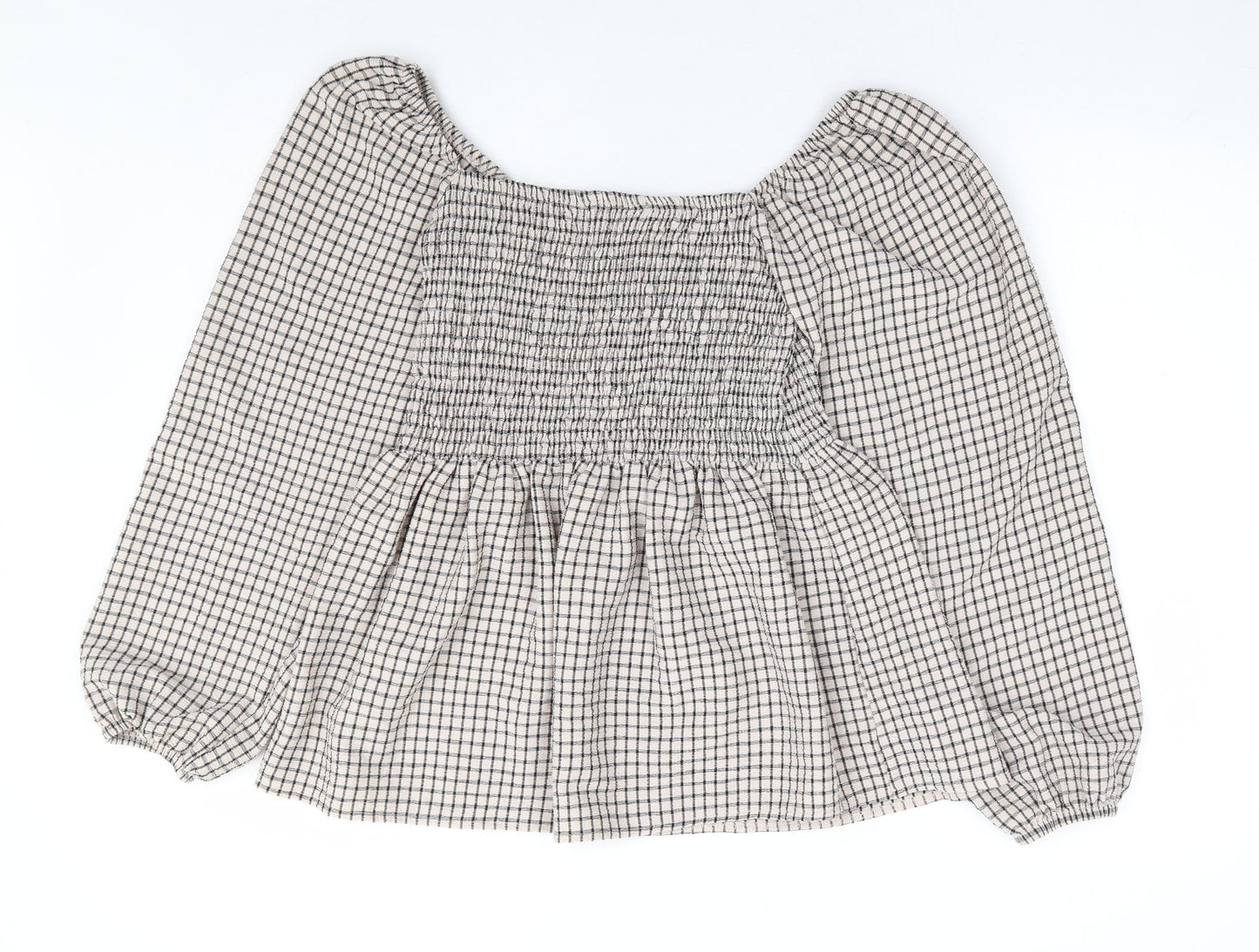 F&F Womens Beige Check Polyester Basic Blouse Size 10 Off the Shoulder - Shirred Bust Peplum