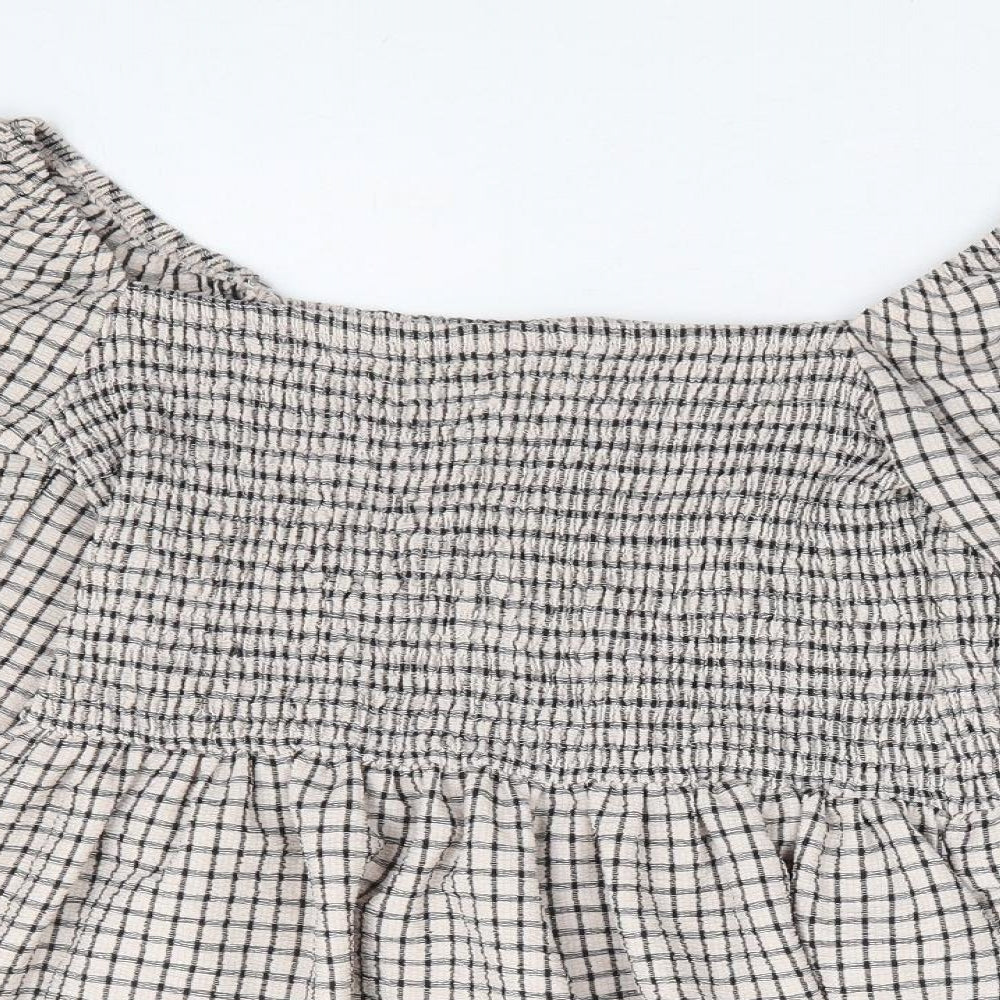F&F Womens Beige Check Polyester Basic Blouse Size 10 Off the Shoulder - Shirred Bust Peplum