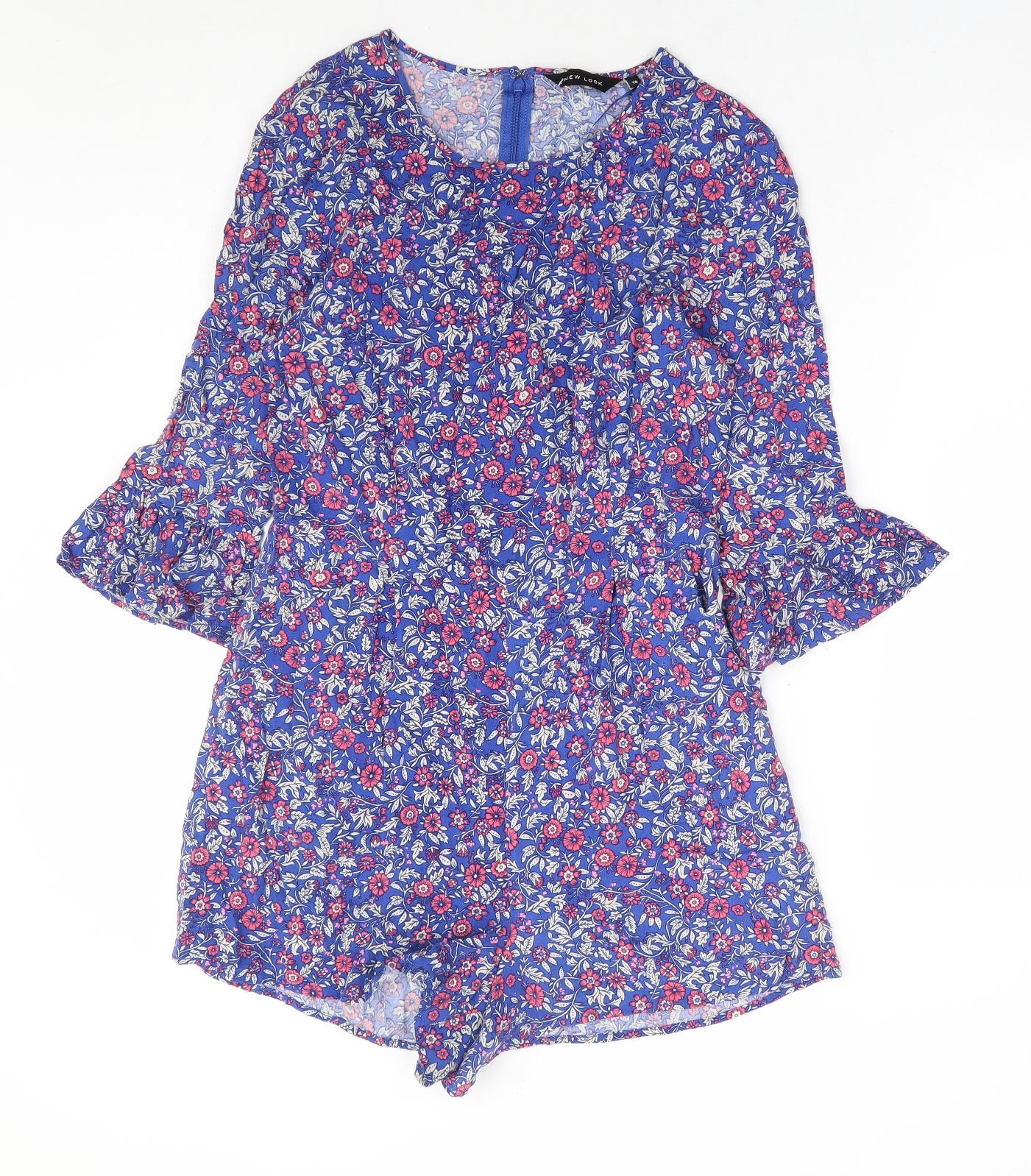 New Look Womens Blue Floral Viscose Playsuit One-Piece Size 10 Zip