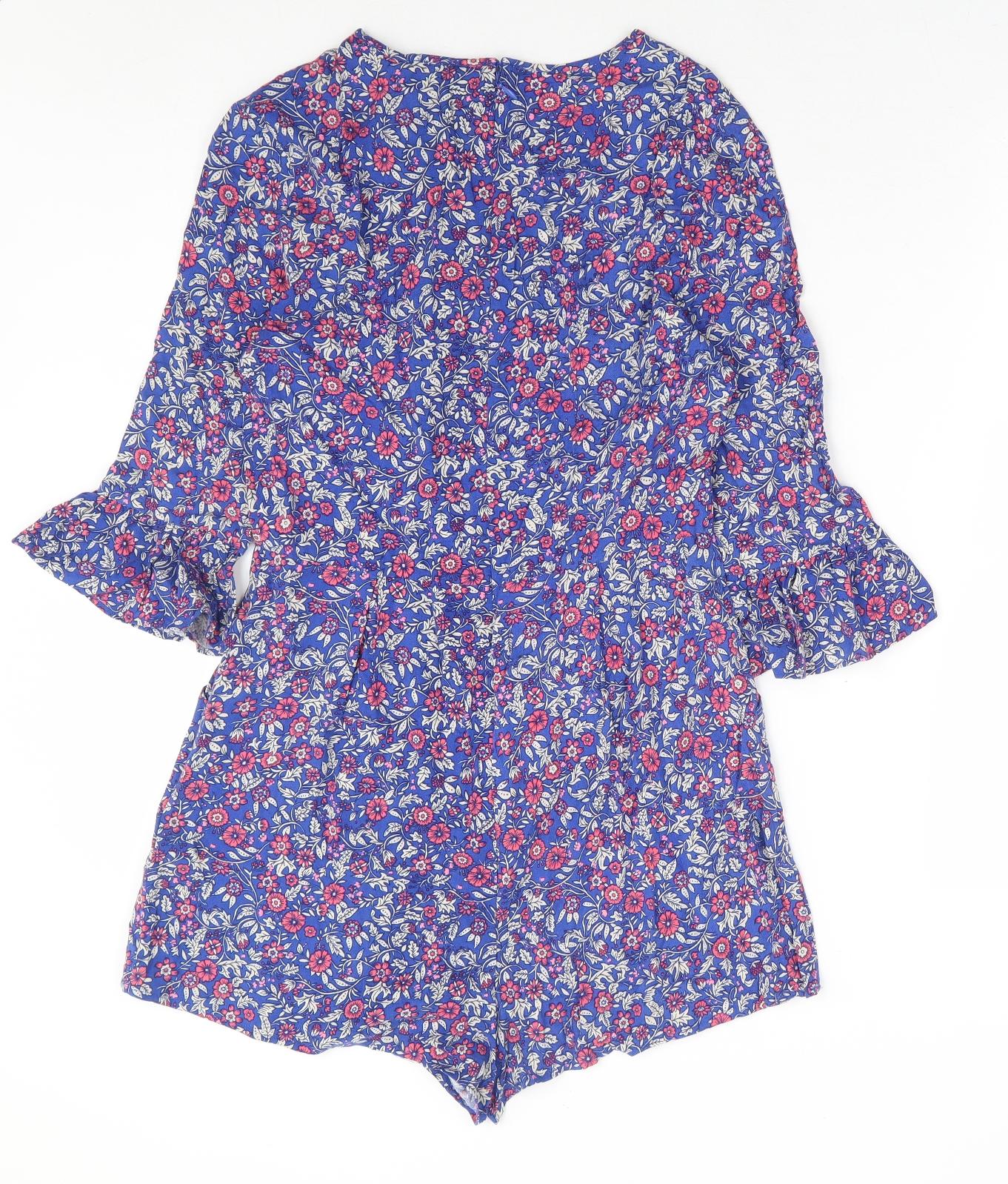 New Look Womens Blue Floral Viscose Playsuit One-Piece Size 10 Zip