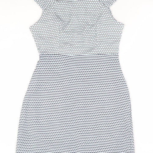 Real Form London Womens Blue Geometric Polyester A-Line Size 12 Square Neck Zip - Cold Shoulder Detail