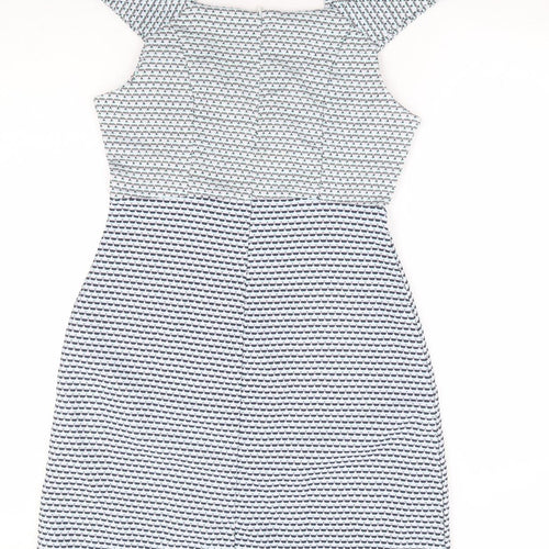 Real Form London Womens Blue Geometric Polyester A-Line Size 12 Square Neck Zip - Cold Shoulder Detail
