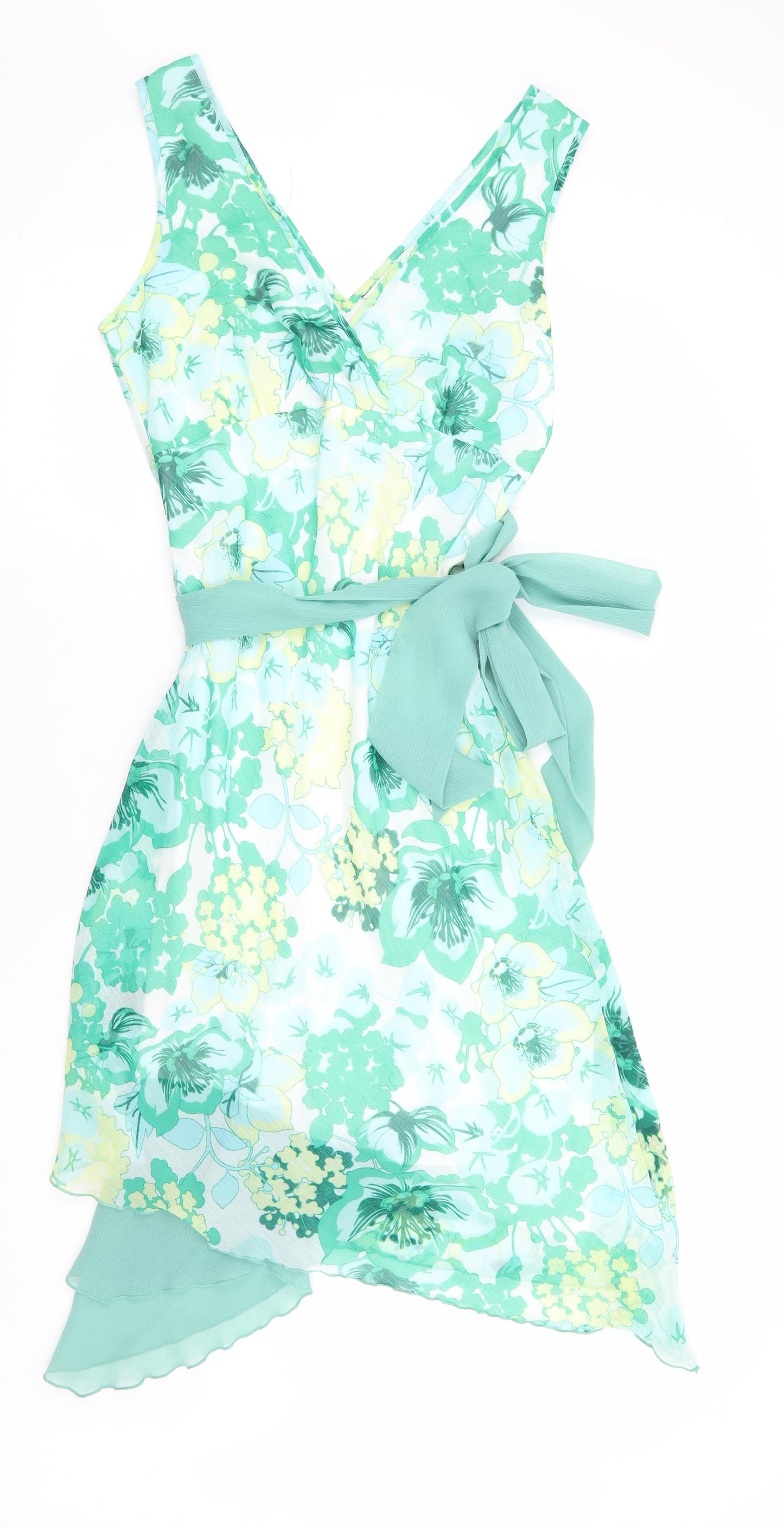 New Look Womens Green Floral Polyester Wrap Dress Size 12 V-Neck Tie - Faux Wrap
