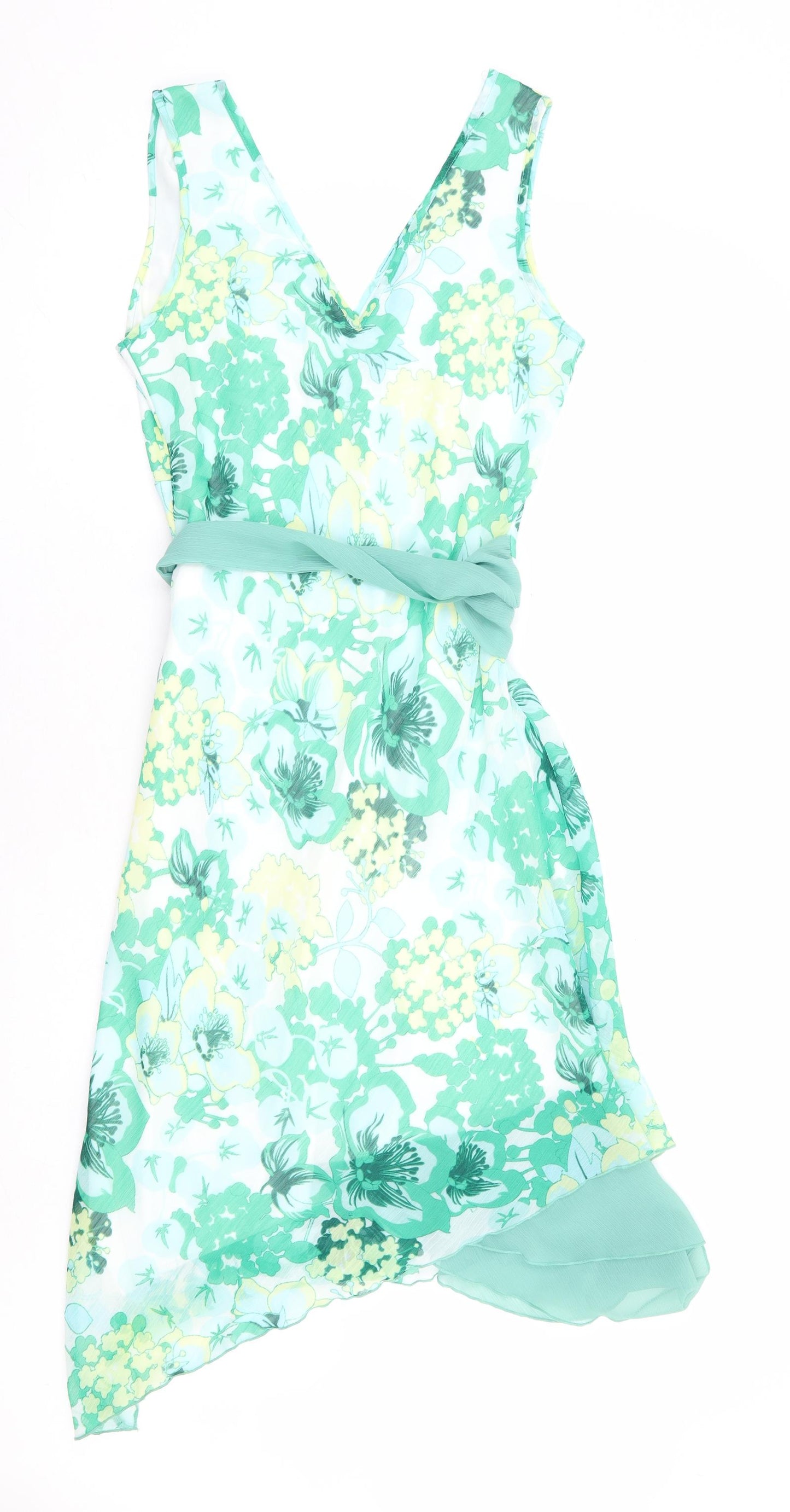 New Look Womens Green Floral Polyester Wrap Dress Size 12 V-Neck Tie - Faux Wrap