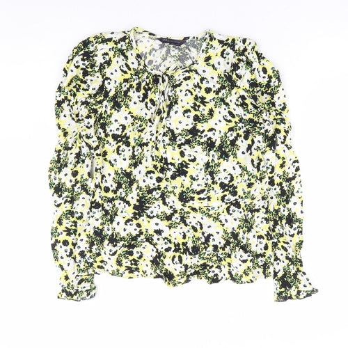 Marks and Spencer Womens Yellow Floral Viscose Basic Blouse Size 10 Round Neck - Tie Front