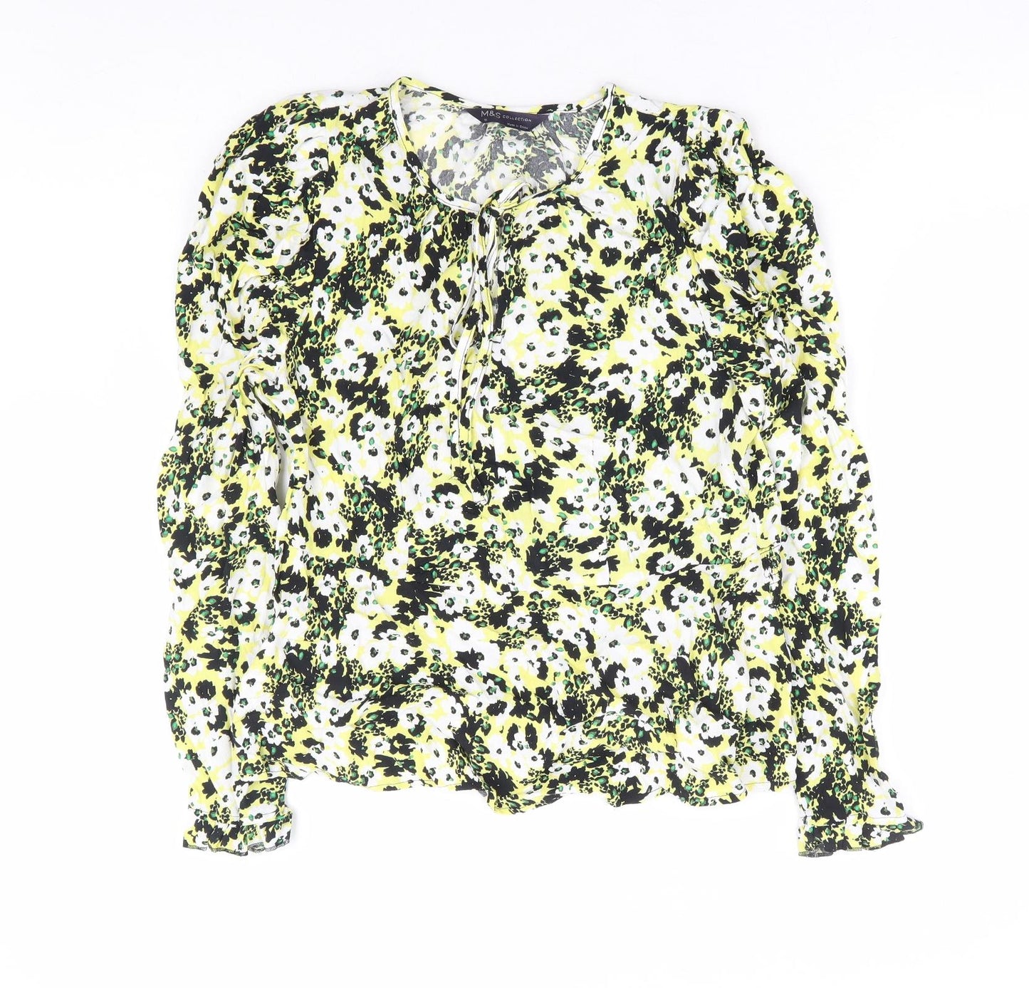 Marks and Spencer Womens Yellow Floral Viscose Basic Blouse Size 10 Round Neck - Tie Front