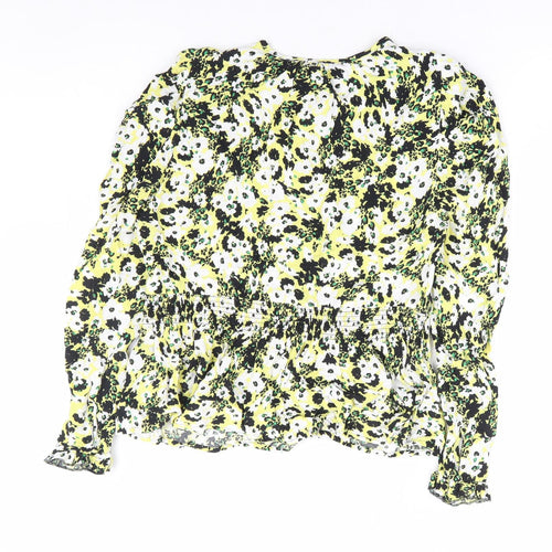 Marks and Spencer Womens Yellow Floral Viscose Basic Blouse Size 10 Round Neck - Tie Front