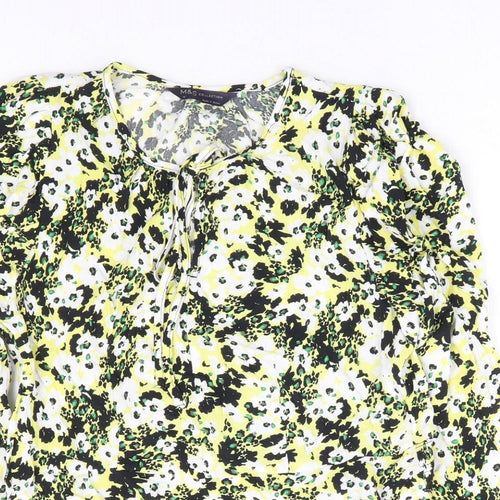 Marks and Spencer Womens Yellow Floral Viscose Basic Blouse Size 10 Round Neck - Tie Front