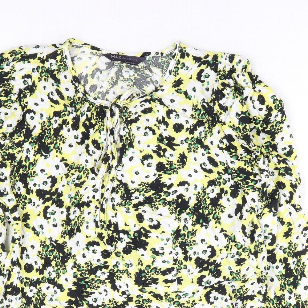 Marks and Spencer Womens Yellow Floral Viscose Basic Blouse Size 10 Round Neck - Tie Front