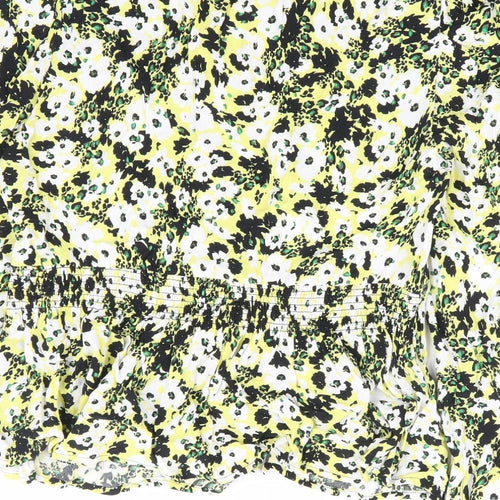 Marks and Spencer Womens Yellow Floral Viscose Basic Blouse Size 10 Round Neck - Tie Front