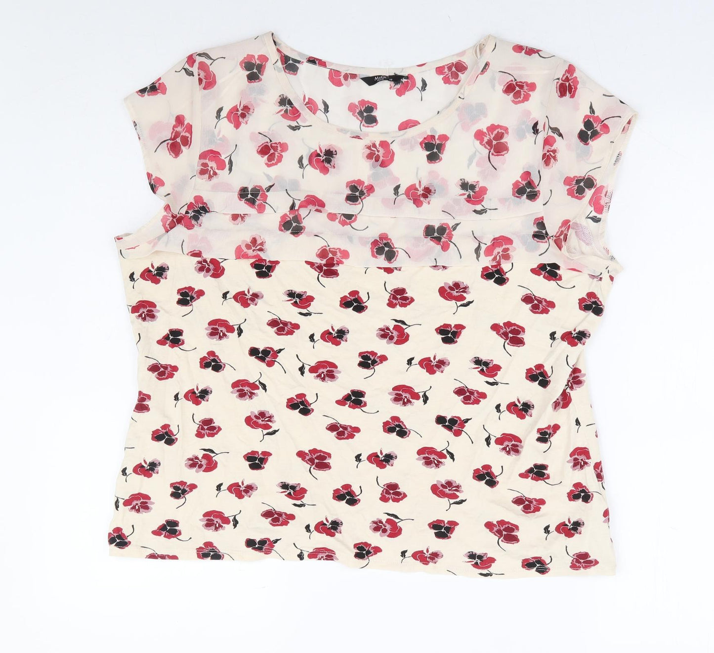 M&Co Womens Beige Floral Viscose Basic T-Shirt Size 18 Round Neck - Chiffon Details