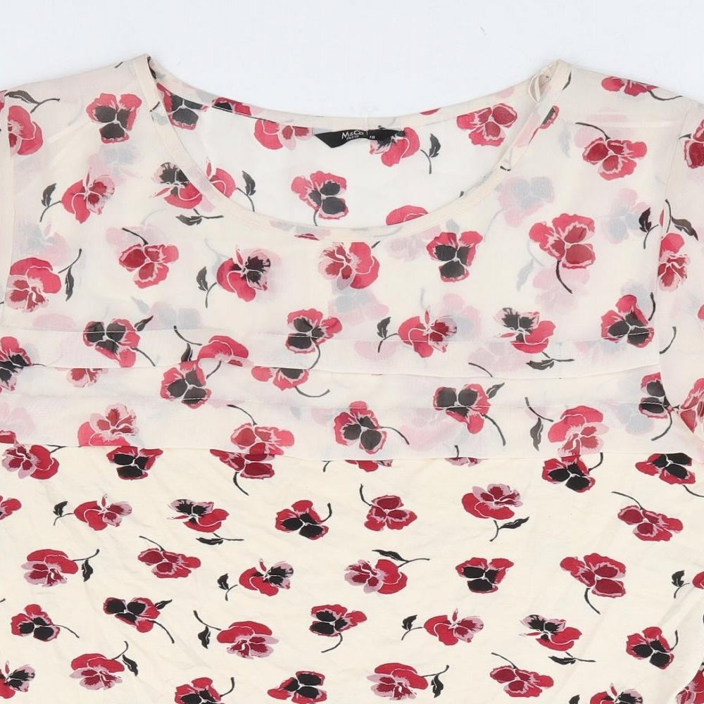 M&Co Womens Beige Floral Viscose Basic T-Shirt Size 18 Round Neck - Chiffon Details
