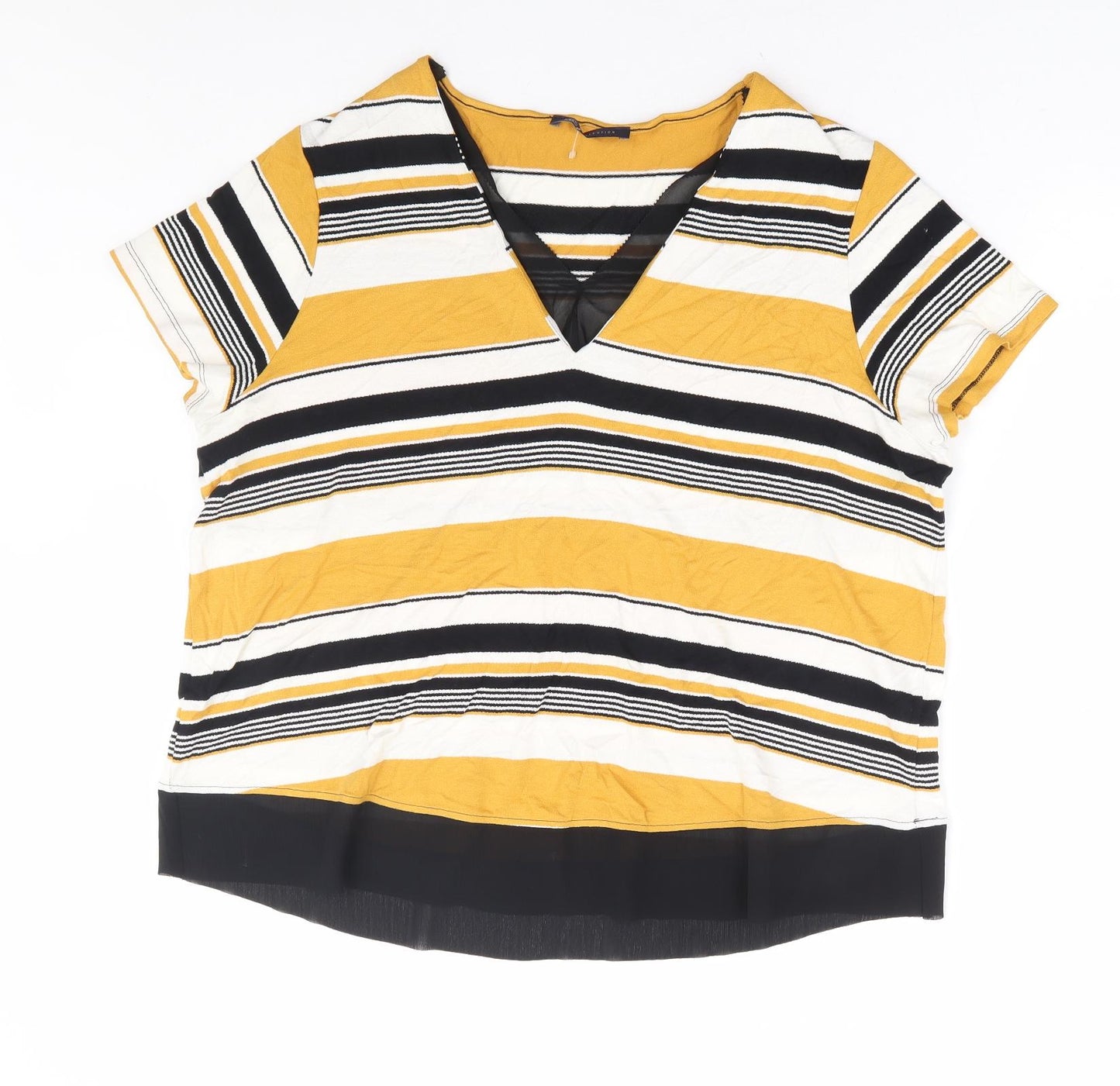 Marks and Spencer Womens Yellow Striped Viscose Basic T-Shirt Size 18 V-Neck - Chiffon Trim
