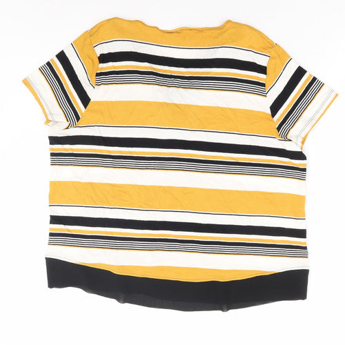 Marks and Spencer Womens Yellow Striped Viscose Basic T-Shirt Size 18 V-Neck - Chiffon Trim