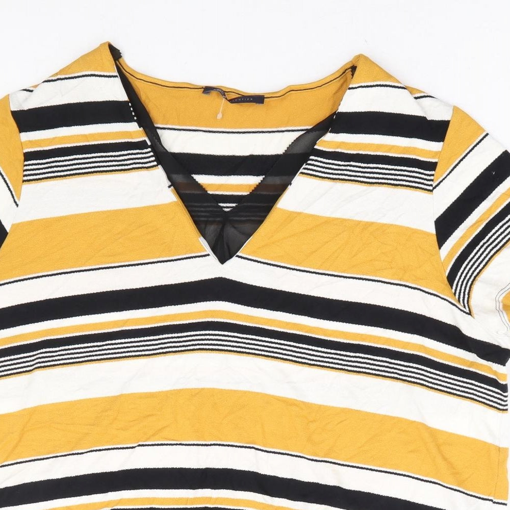 Marks and Spencer Womens Yellow Striped Viscose Basic T-Shirt Size 18 V-Neck - Chiffon Trim