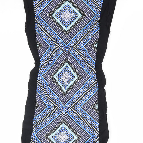 Oasis Womens Blue Geometric Viscose Fit & Flare Size XS Round Neck Pullover - Elastic Waist