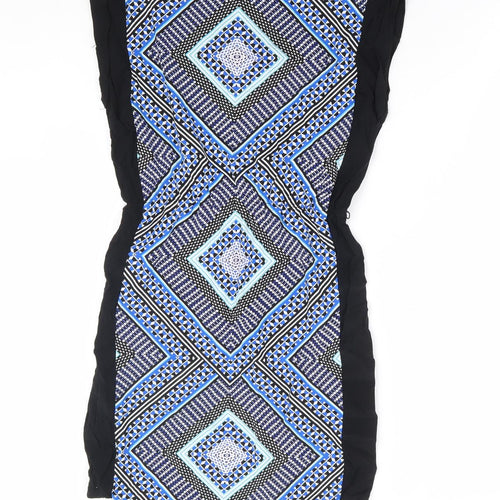 Oasis Womens Blue Geometric Viscose Fit & Flare Size XS Round Neck Pullover - Elastic Waist