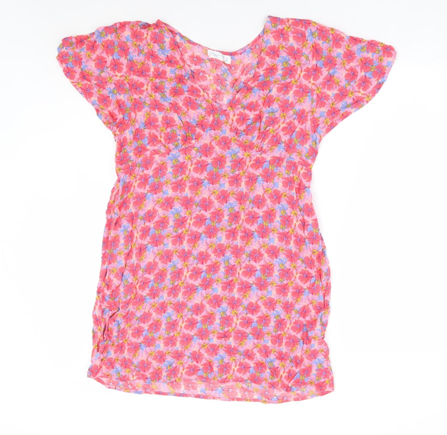 Primark Womens Pink Floral Viscose A-Line Size 14 V-Neck Pullover