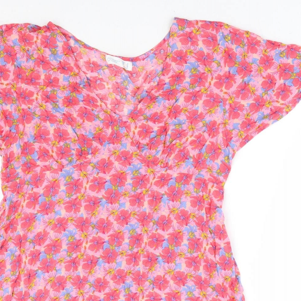 Primark Womens Pink Floral Viscose A-Line Size 14 V-Neck Pullover