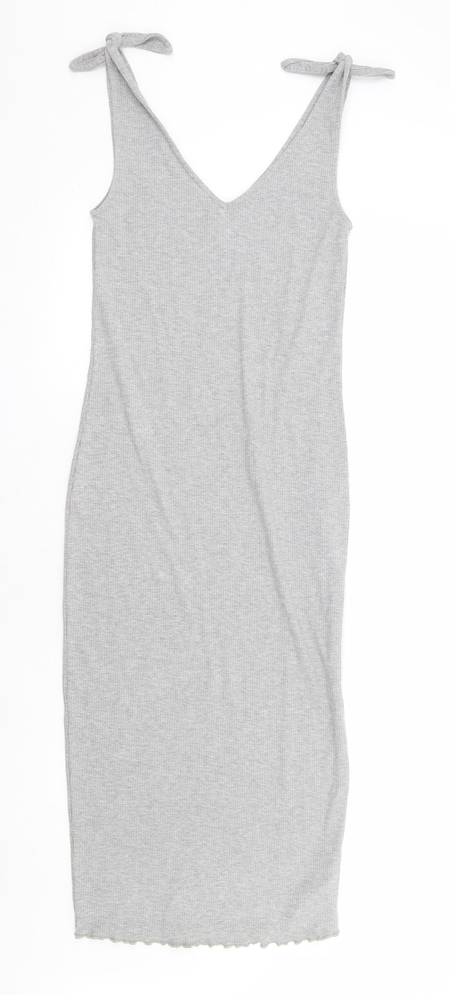 Topshop Womens Grey Polyester Tank Dress Size 8 V-Neck Tie - Ribbed