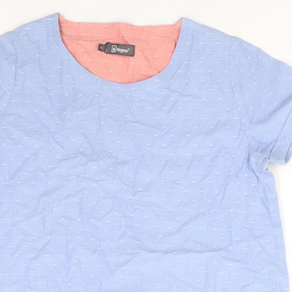 Hi Gear Womens Blue Geometric 100% Cotton Basic T-Shirt Size 10 Round Neck