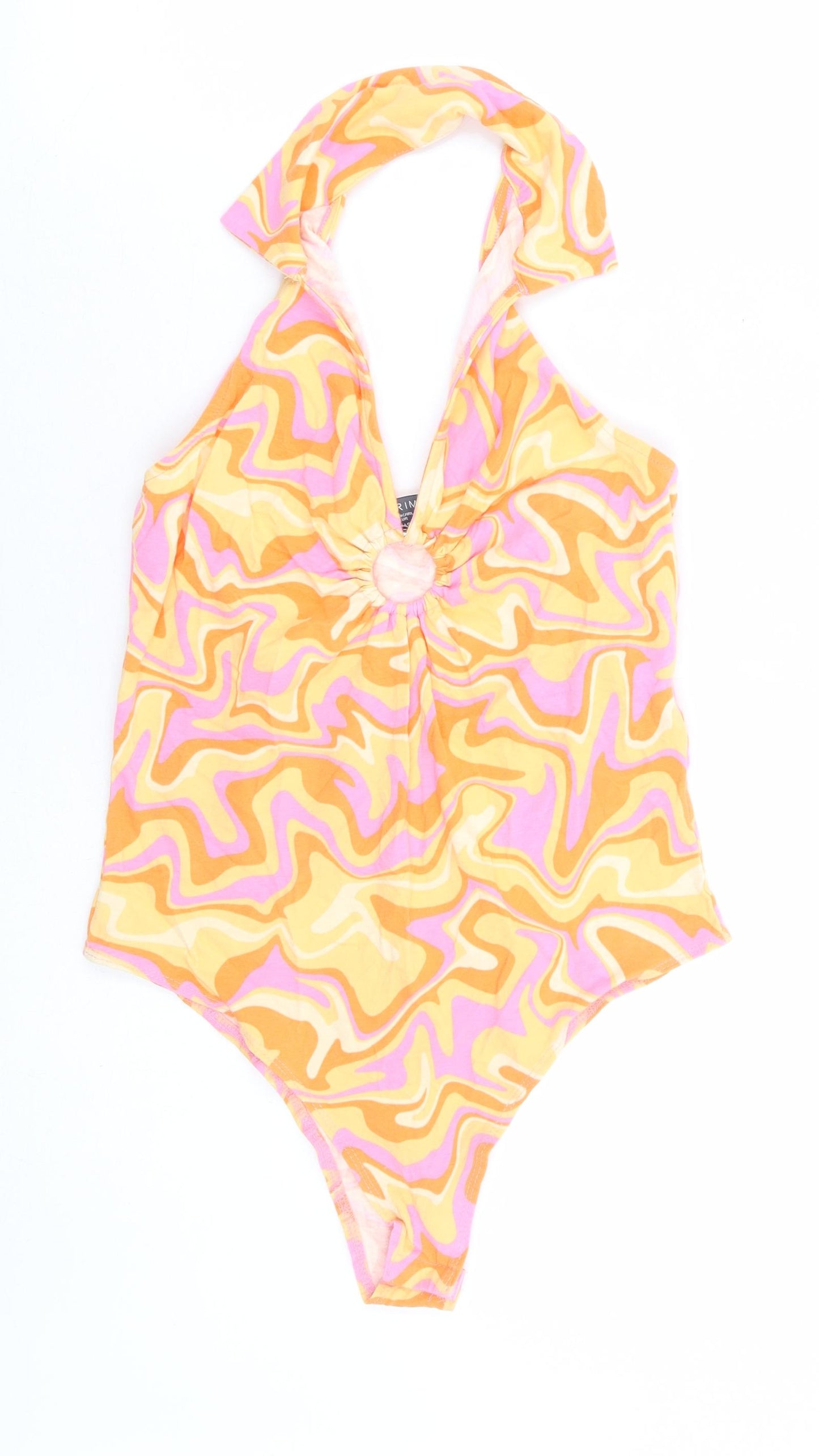 Primark Womens Orange Geometric Cotton Bodysuit One-Piece Size 10 Snap - Cut Out Detail