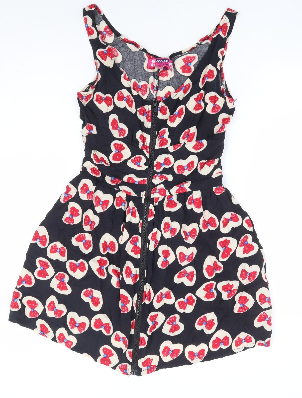 Boohoo Sister Girls Black Geometric Viscose A-Line Size 14 Years Scoop Neck Zip - Bow Print