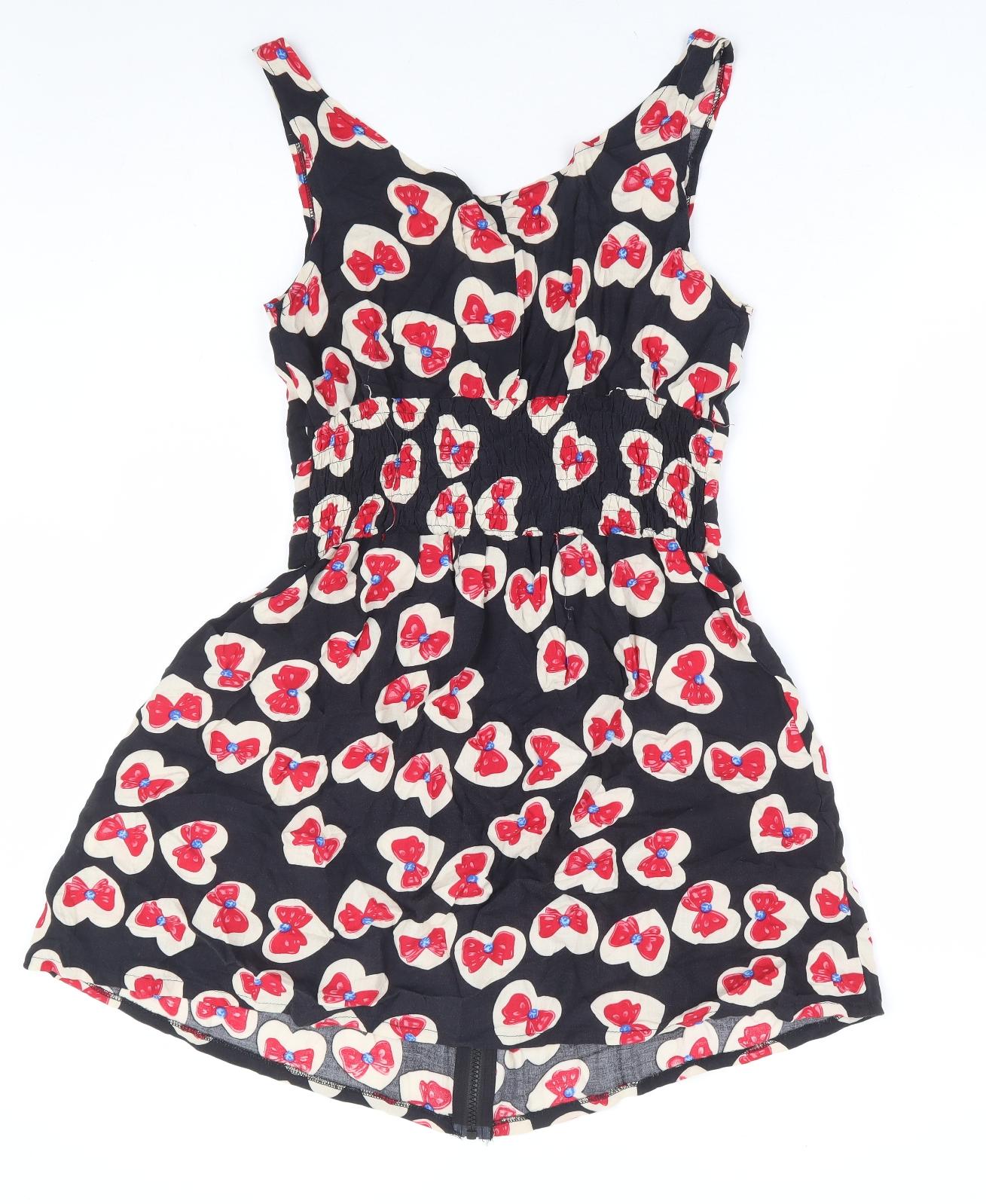 Boohoo Sister Girls Black Geometric Viscose A-Line Size 14 Years Scoop Neck Zip - Bow Print