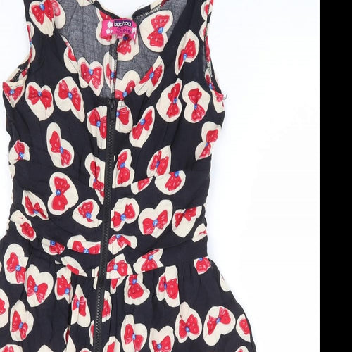 Boohoo Sister Girls Black Geometric Viscose A-Line Size 14 Years Scoop Neck Zip - Bow Print