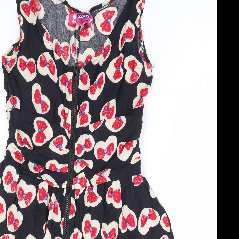 Boohoo Sister Girls Black Geometric Viscose A-Line Size 14 Years Scoop Neck Zip - Bow Print