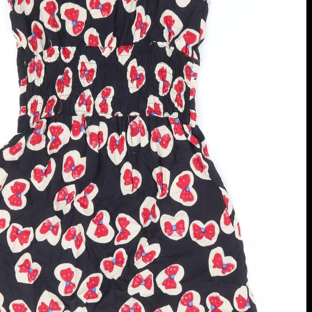 Boohoo Sister Girls Black Geometric Viscose A-Line Size 14 Years Scoop Neck Zip - Bow Print