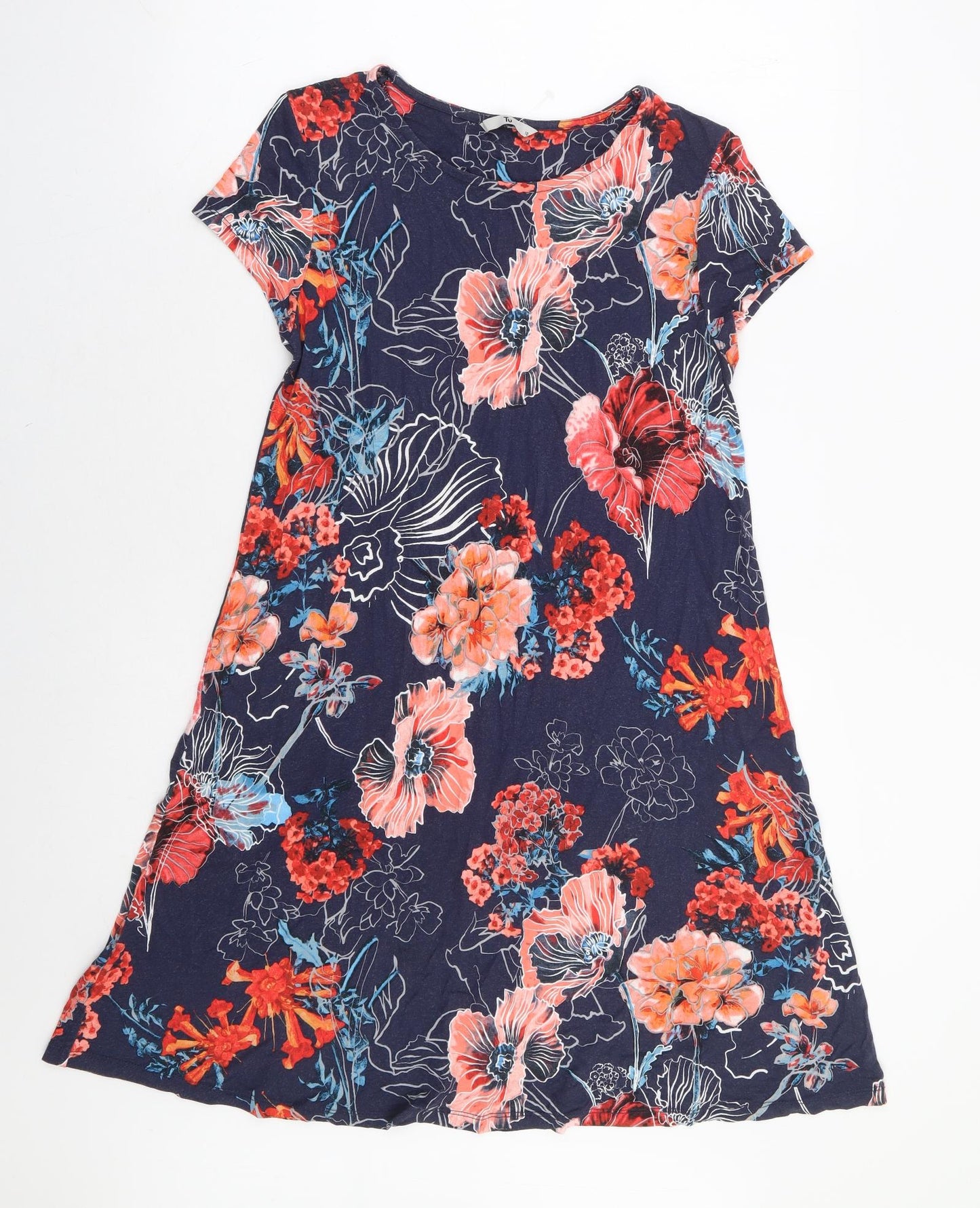 TU Womens Blue Floral Viscose A-Line Size 10 Round Neck Pullover