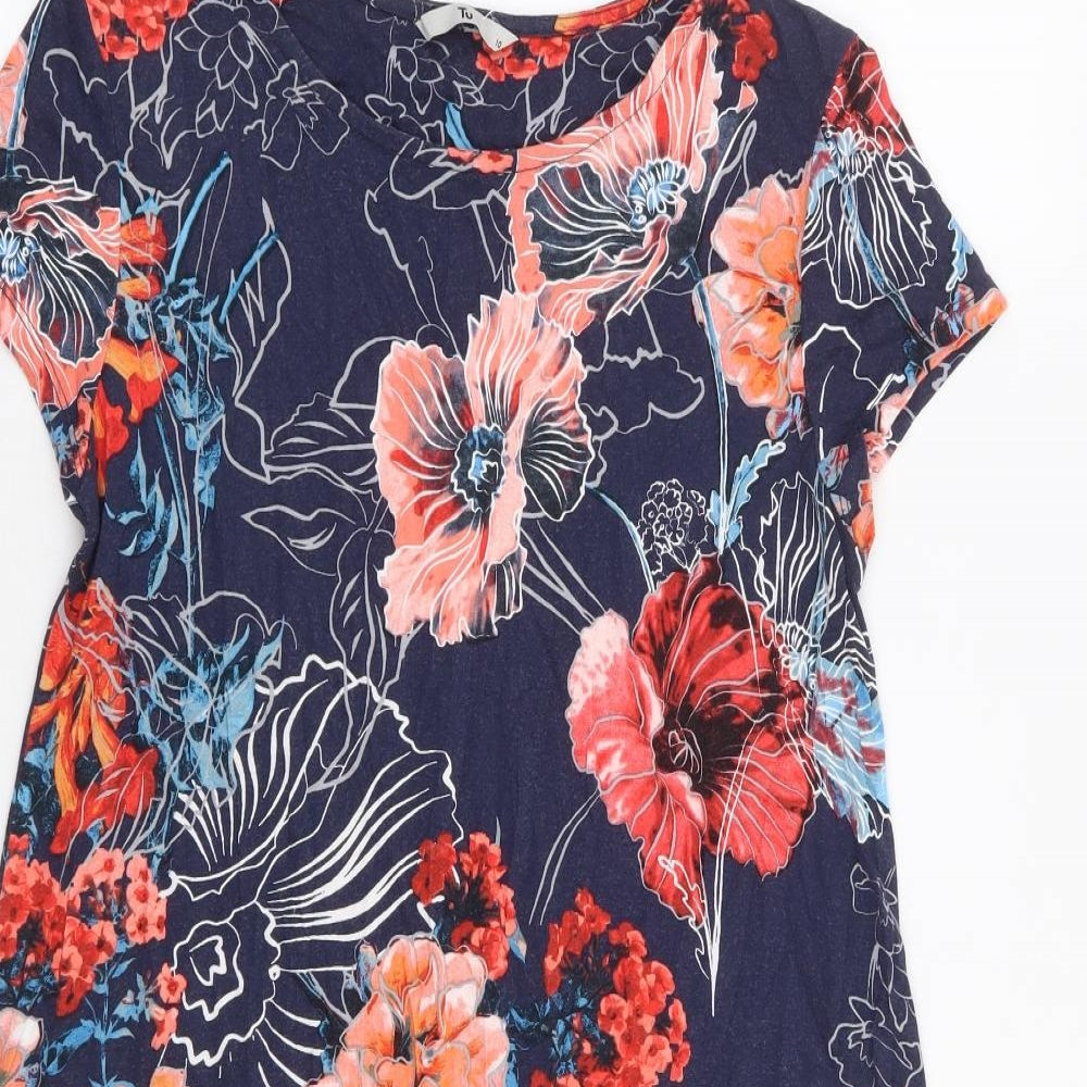 TU Womens Blue Floral Viscose A-Line Size 10 Round Neck Pullover