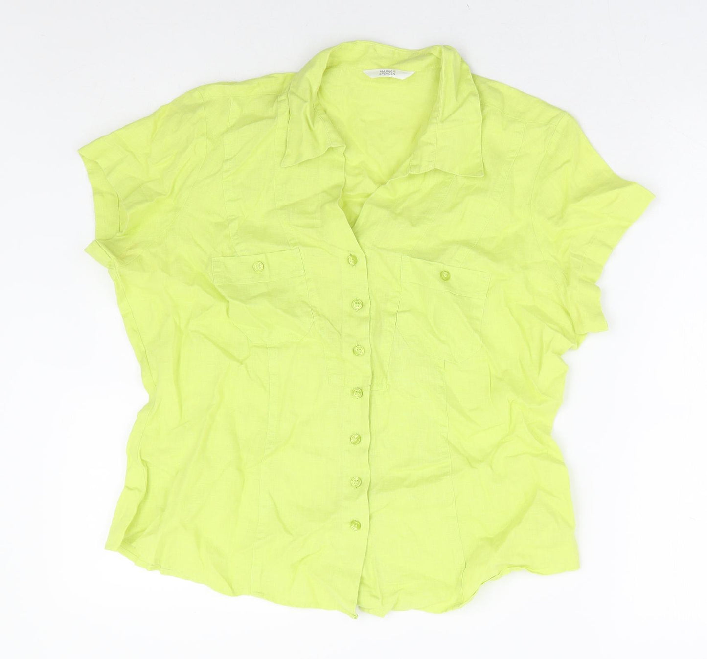Marks and Spencer Womens Green Linen Basic Button-Up Size 14 Collared