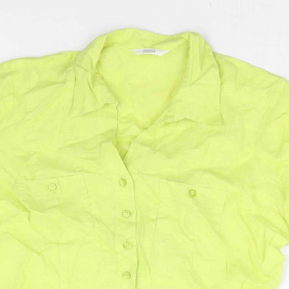 Marks and Spencer Womens Green Linen Basic Button-Up Size 14 Collared