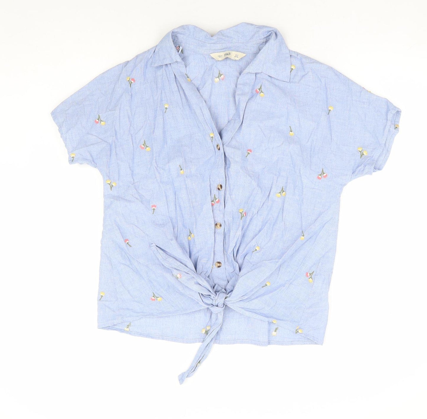 F&F Womens Blue Floral 100% Cotton Basic Button-Up Size 10 Collared - Tie Front