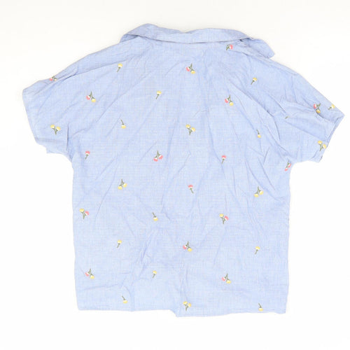 F&F Womens Blue Floral 100% Cotton Basic Button-Up Size 10 Collared - Tie Front