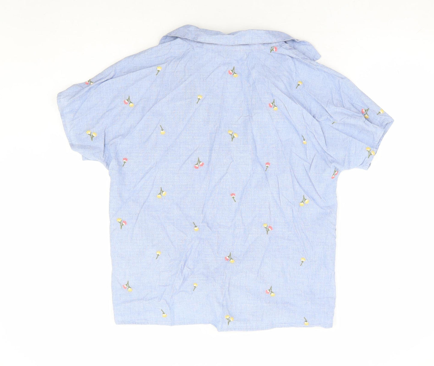 F&F Womens Blue Floral 100% Cotton Basic Button-Up Size 10 Collared - Tie Front
