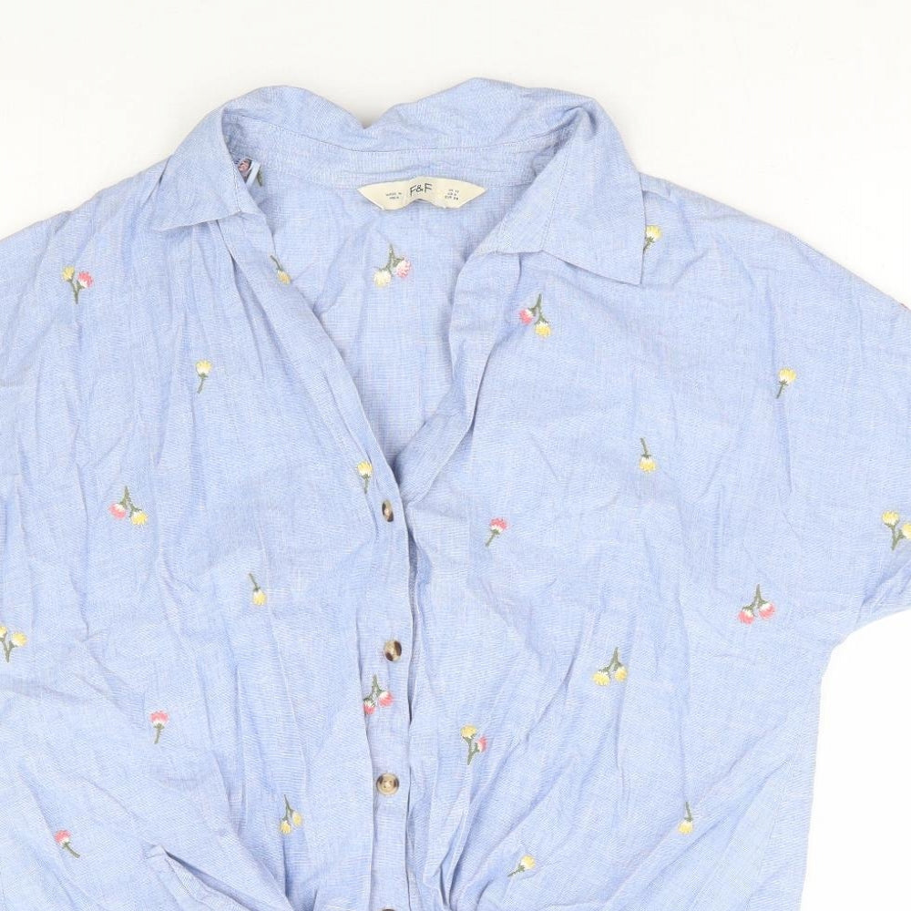 F&F Womens Blue Floral 100% Cotton Basic Button-Up Size 10 Collared - Tie Front