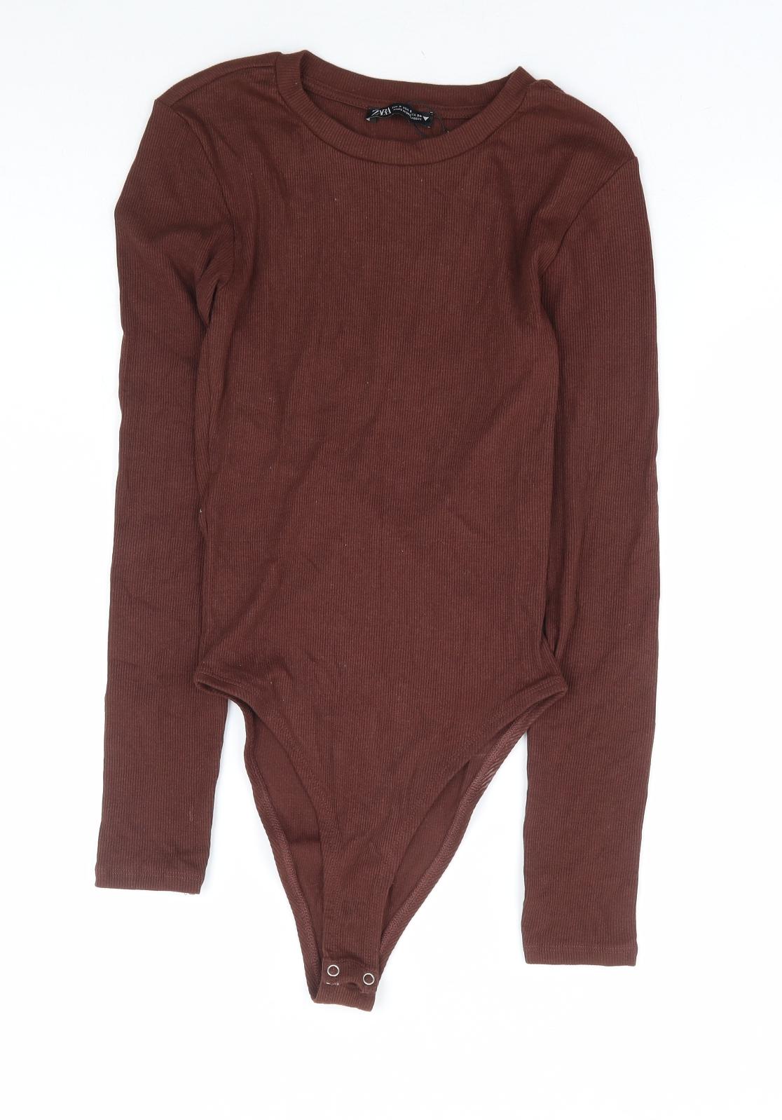 Zara Womens Brown Cotton Bodysuit One-Piece Size S Snap - Ribbed