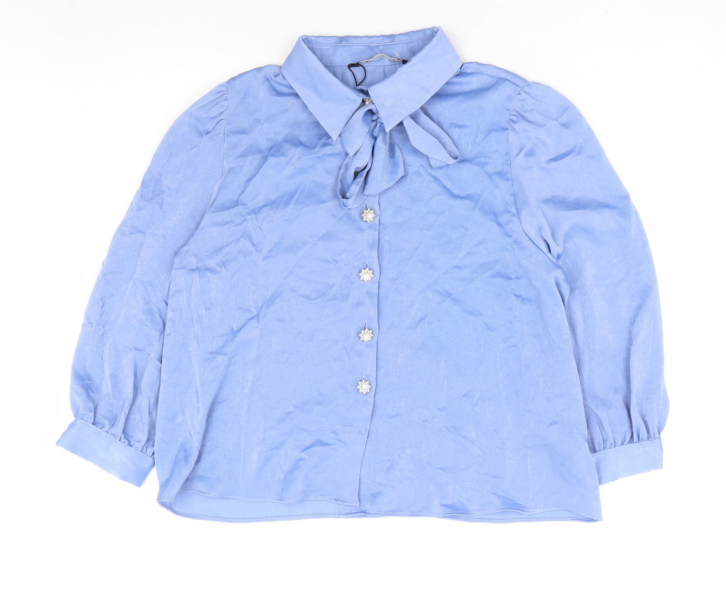 Zara Womens Blue Polyester Basic Button-Up Size XL Collared - Pussy Bow Neck