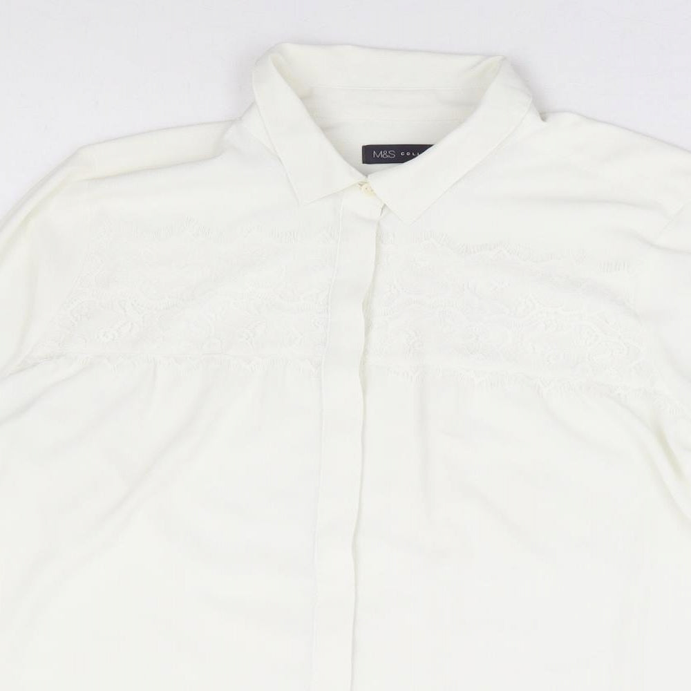 Marks and Spencer Womens Ivory Polyester Basic Button-Up Size 14 Collared - Lace Detail