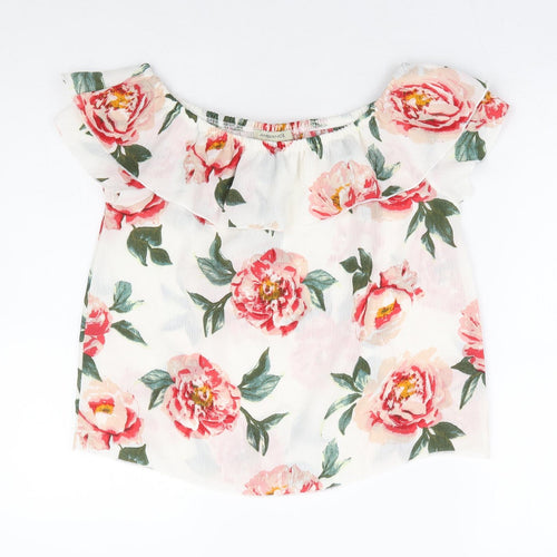 Ambience Womens White Floral Polyester Basic Blouse Size S Off the Shoulder - Rose Print Bardot