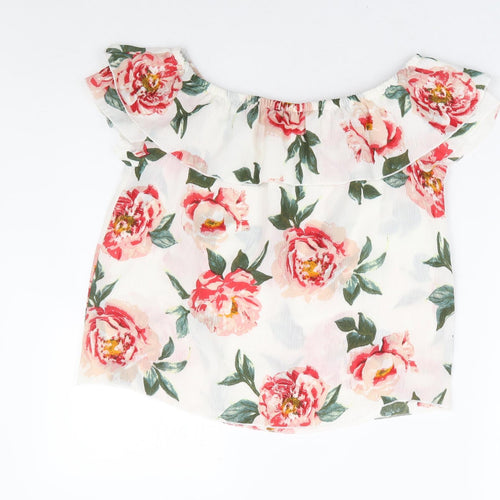 Ambience Womens White Floral Polyester Basic Blouse Size S Off the Shoulder - Rose Print Bardot