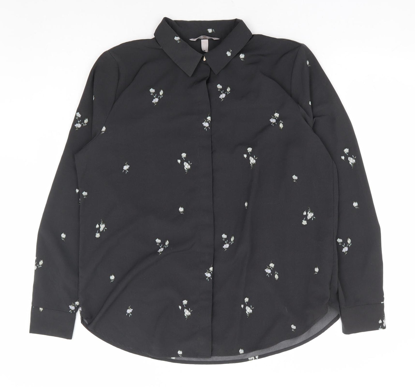 H&M Womens Grey Floral Polyester Basic Button-Up Size M Collared