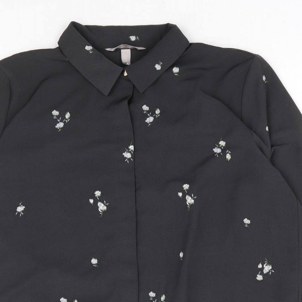H&M Womens Grey Floral Polyester Basic Button-Up Size M Collared