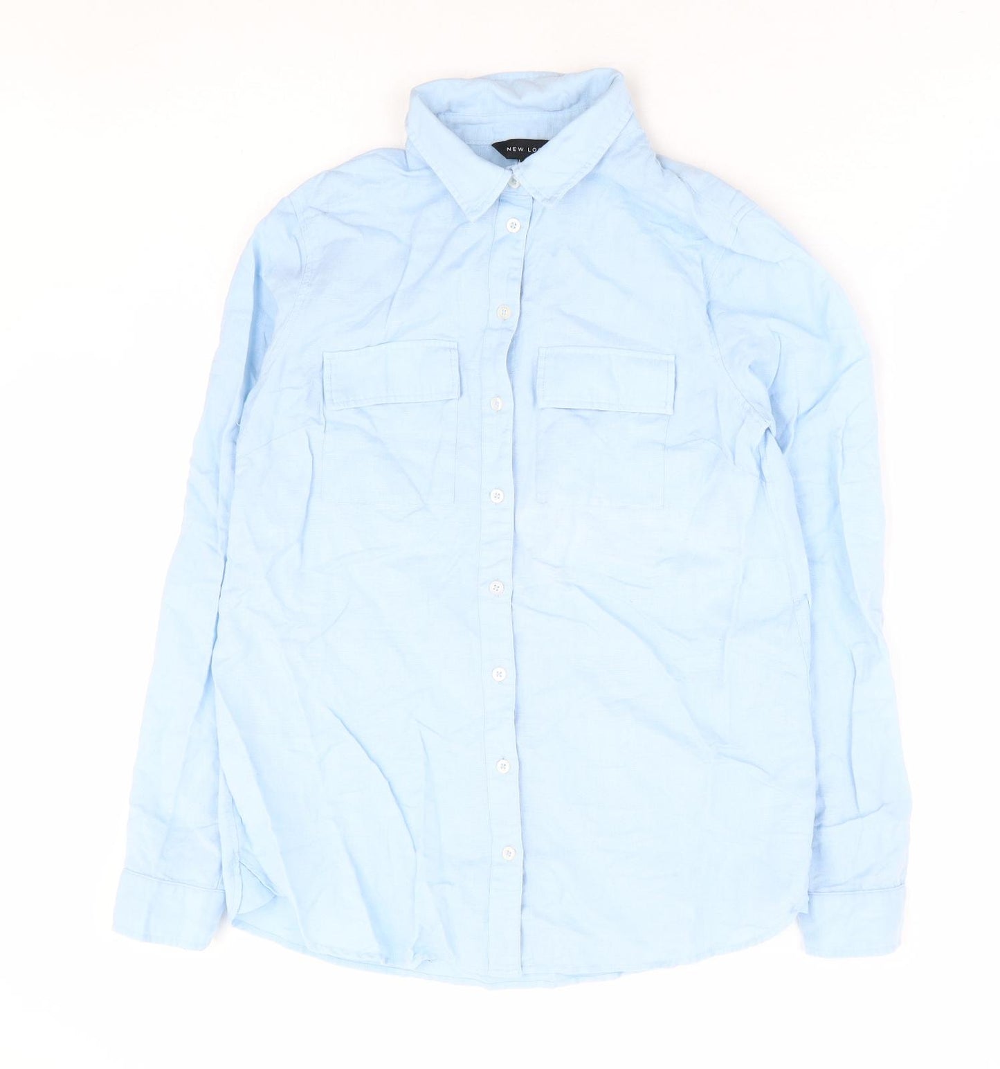 New Look Womens Blue Linen Basic Button-Up Size 8 Collared