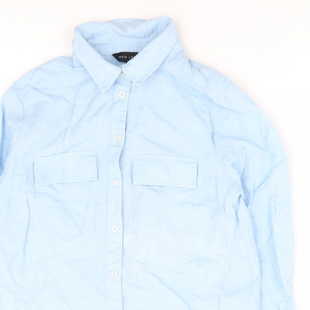 New Look Womens Blue Linen Basic Button-Up Size 8 Collared